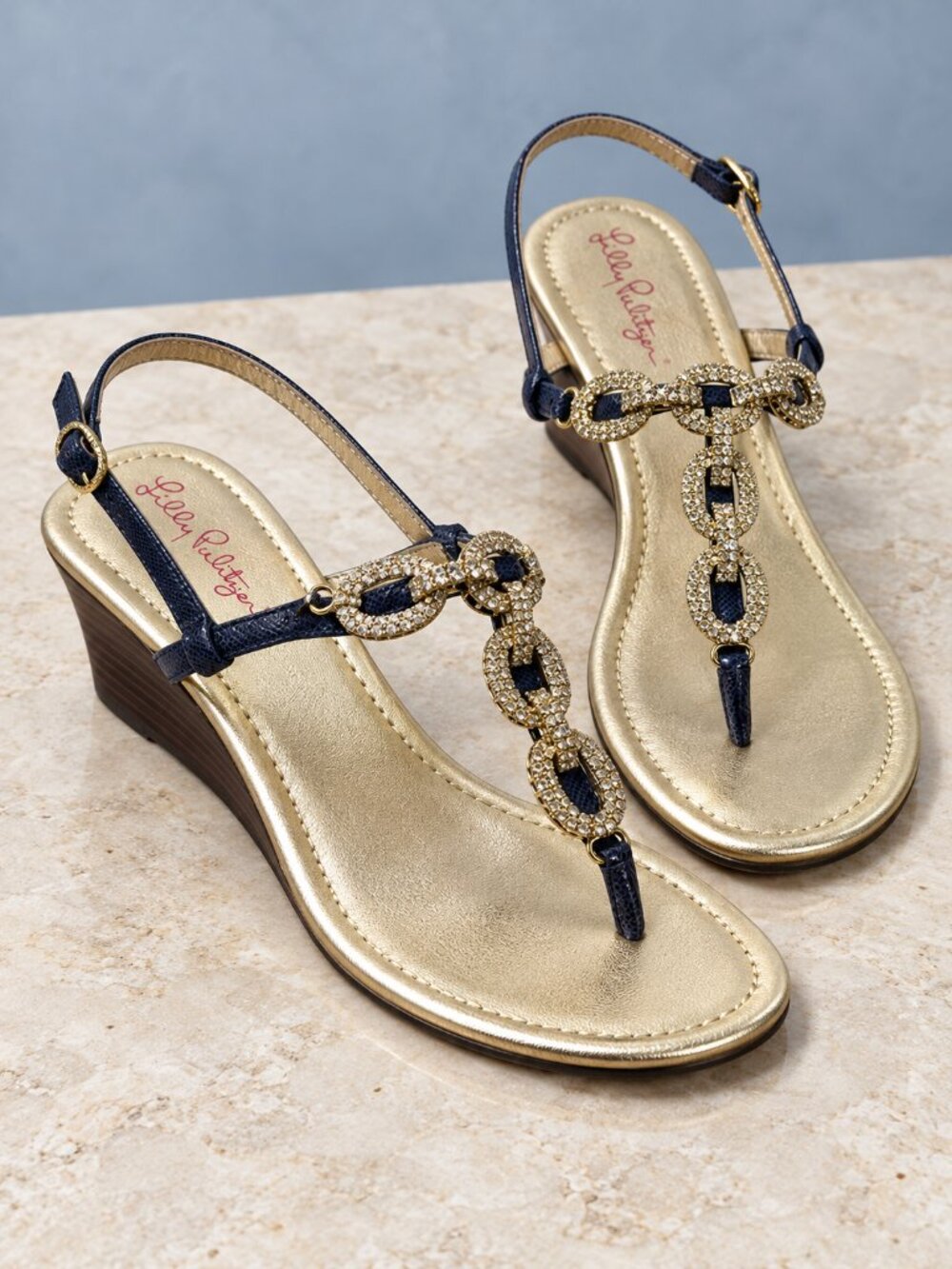 Lilly Pulitzer Navy Rhinestone Chain T-Strap Wedge Sandals Gold Footbed Size 8.5